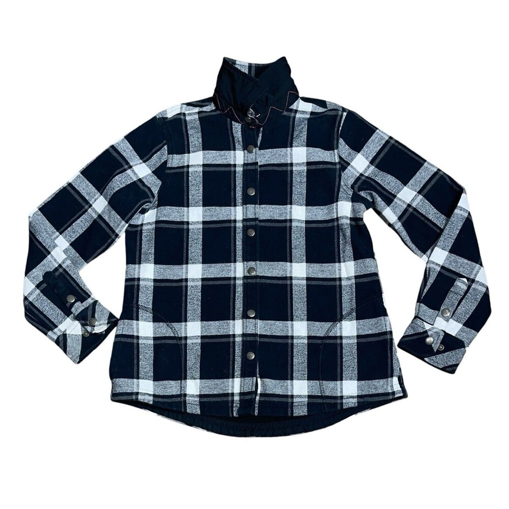 Orvis Jacket Womens S Black White Plaid Flannel Fleeced Lined Snap-Up Shacket